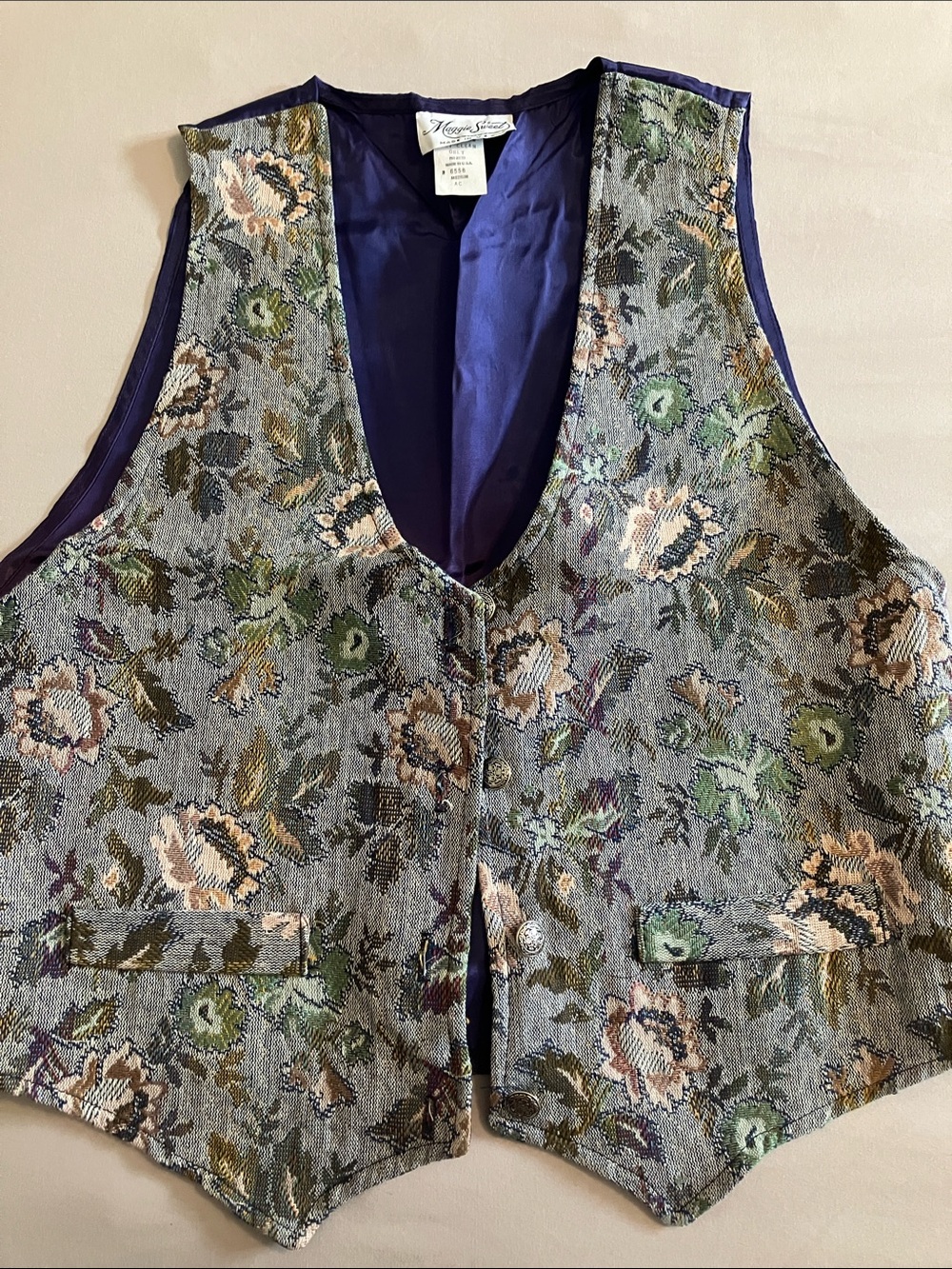 Vintage Floral Brocade Vest - Navy Lining